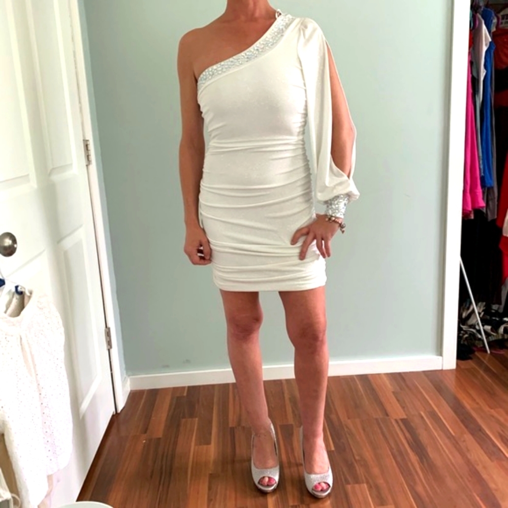 Deb White One Sleeve Dress with Jewels - Picture 2 of 8